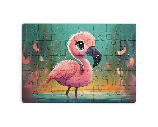 Jigsaw puzzle with a pink flamingo design on a white background