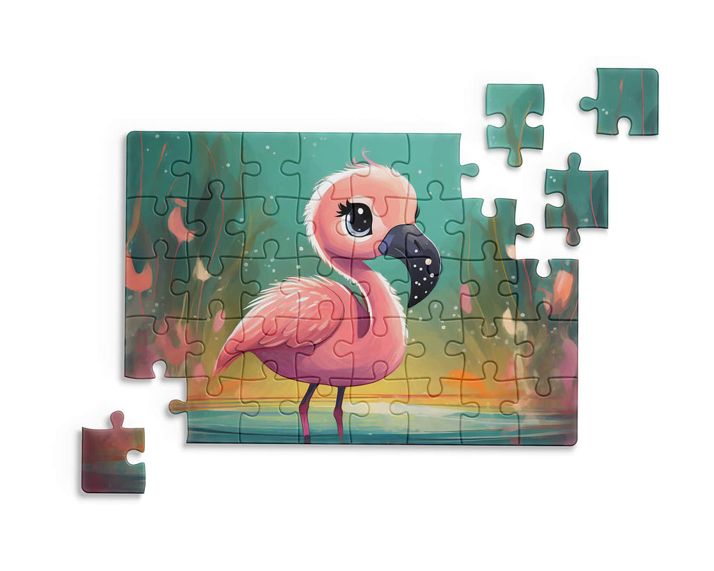 Jigsaw puzzle with a pink flamingo design on a white background by printlagoon
