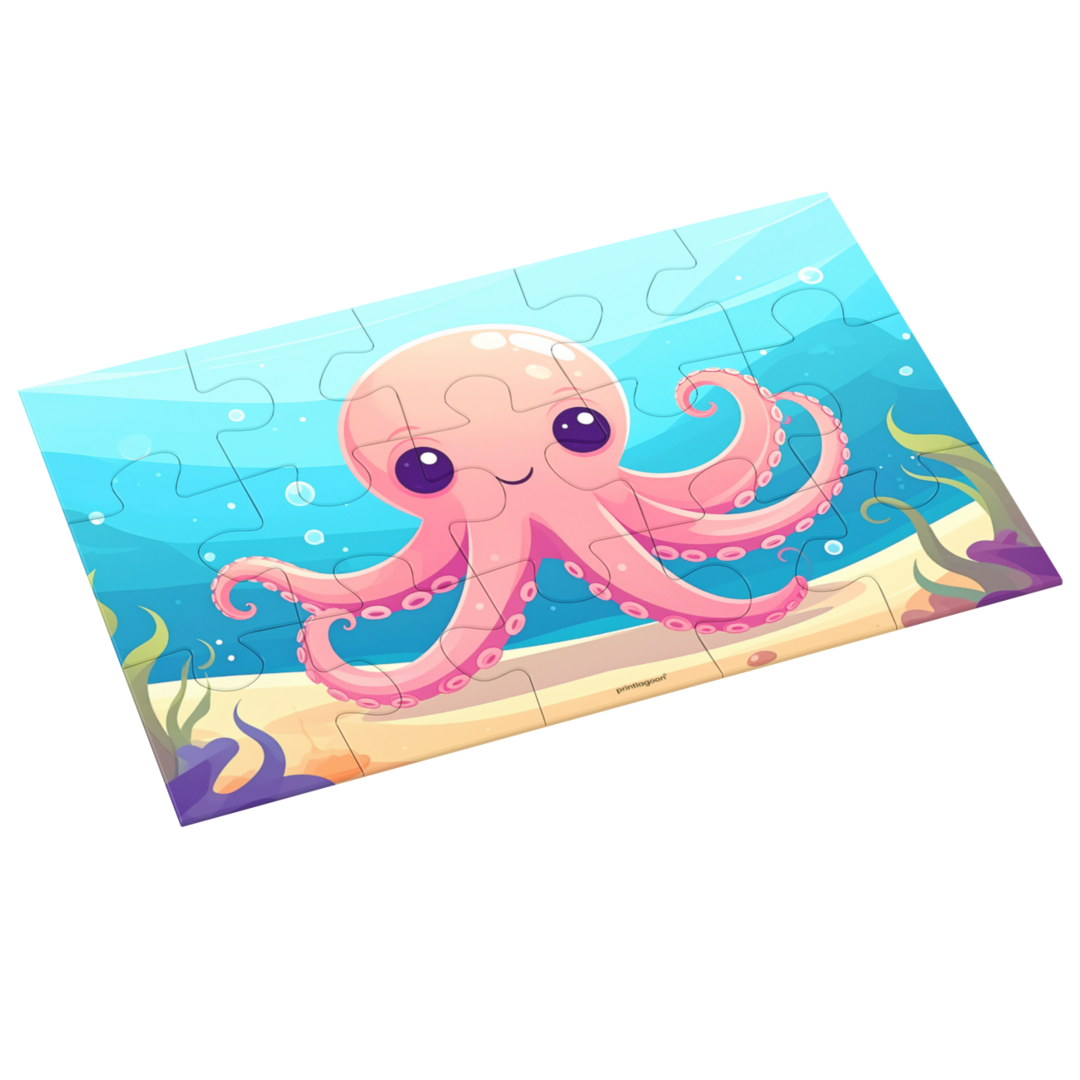 Children's puzzle with a pink octopus design on a blue underwater background