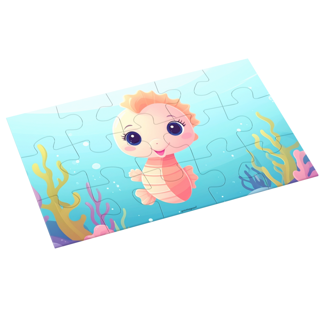 Children's puzzle with a cartoon seahorse on an underwater-themed background