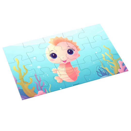 Children's puzzle with a cartoon seahorse on an underwater-themed background