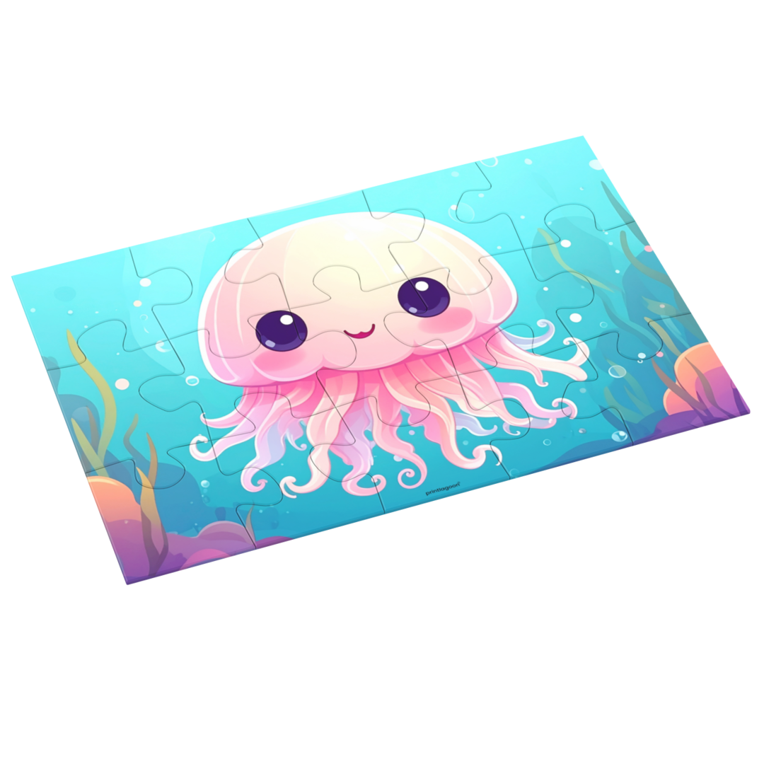Jigsaw puzzle with a colorful jellyfish design on a blue background