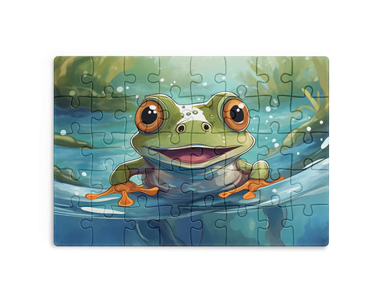 Cute green frog with large orange eyes sitting in a blue pond, colorful cartoon animal illustration for kids jigsaw puzzle by printlagoon.
