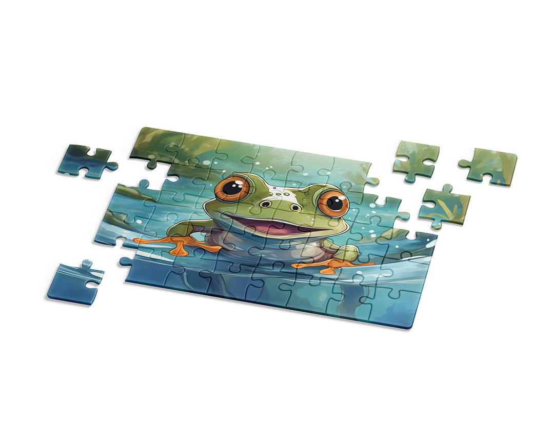 Frog-themed puzzle with missing pieces on a white background