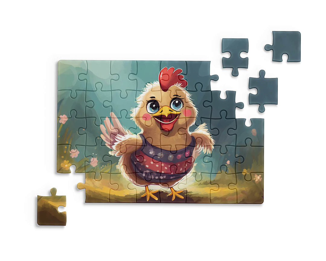 Adorable cartoon chicken wearing a patterned dress in a bright countryside scene, fun kids puzzle artwork.