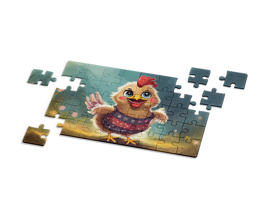 Happy farm hen surrounded by flowers and greenery, colorful animal-themed jigsaw puzzle for children.