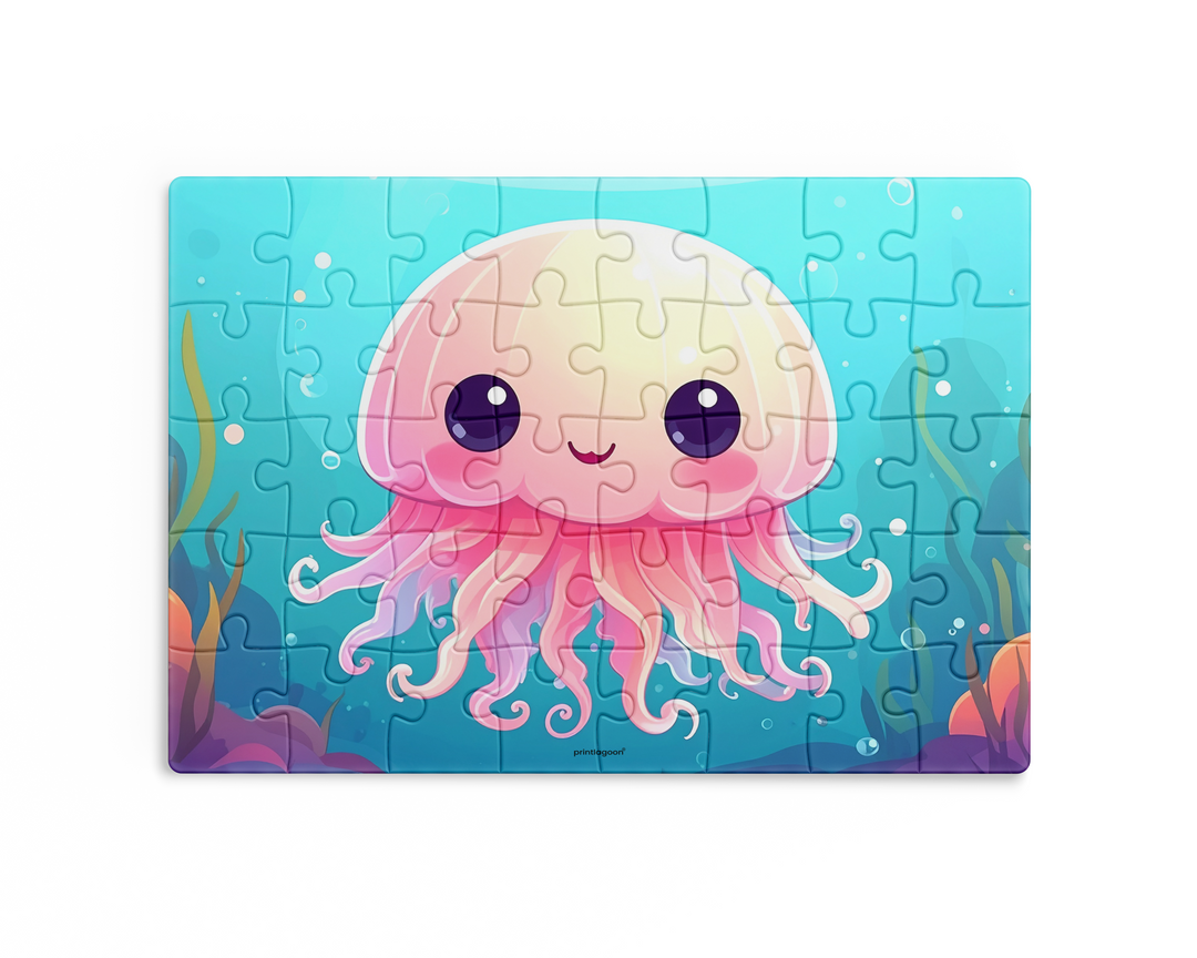 Jigsaw puzzle with a cute jellyfish design on a blue background