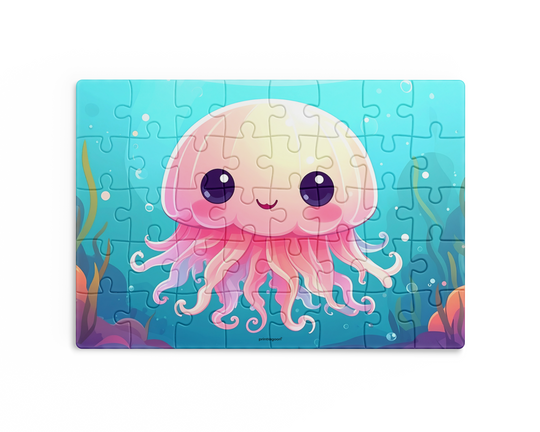 Jigsaw puzzle with a cute jellyfish design on a blue background
