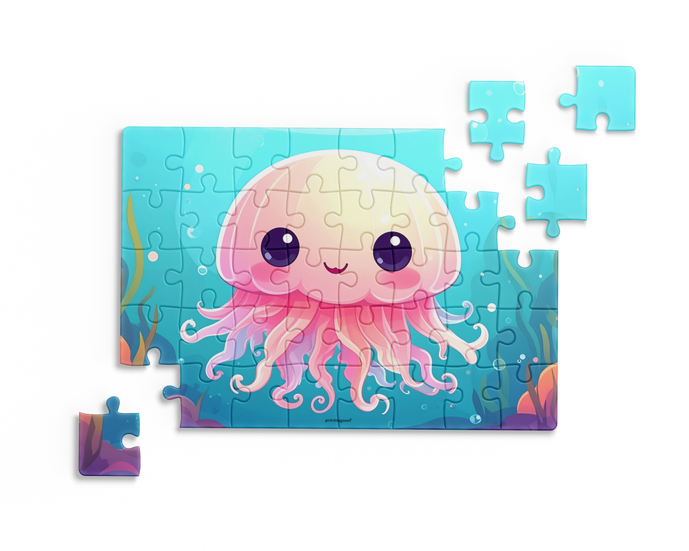 Children's puzzle with a jellyfish design on a blue background