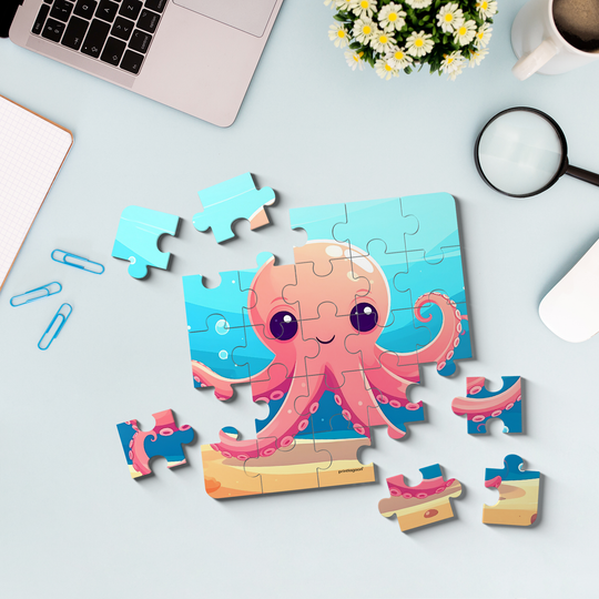 Children's puzzle with a pink octopus design on a light blue background, surrounded by office supplies.
