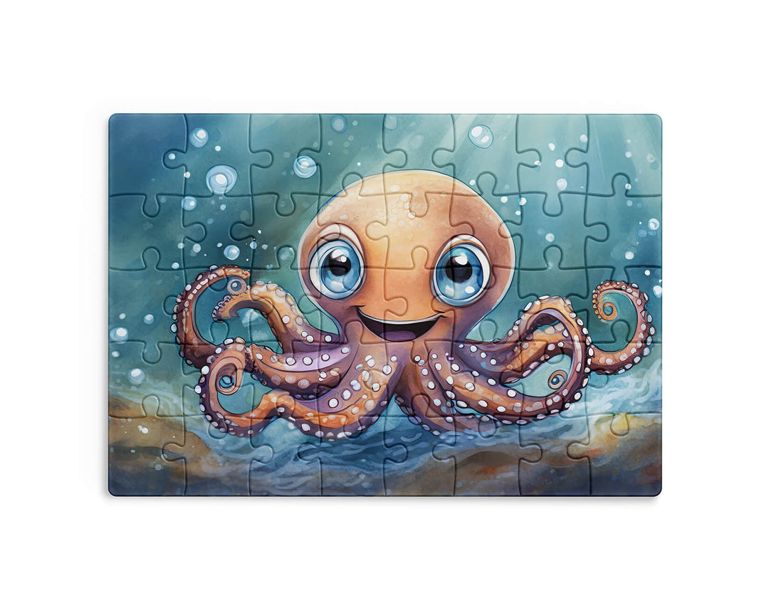 Cute smiling octopus with large blue eyes underwater, colorful ocean animal illustration for kids jigsaw puzzle.