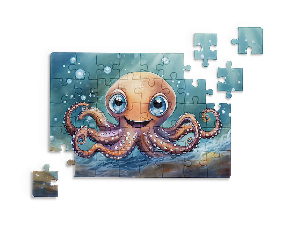 Jigsaw puzzle with a cartoon octopus design on a white background