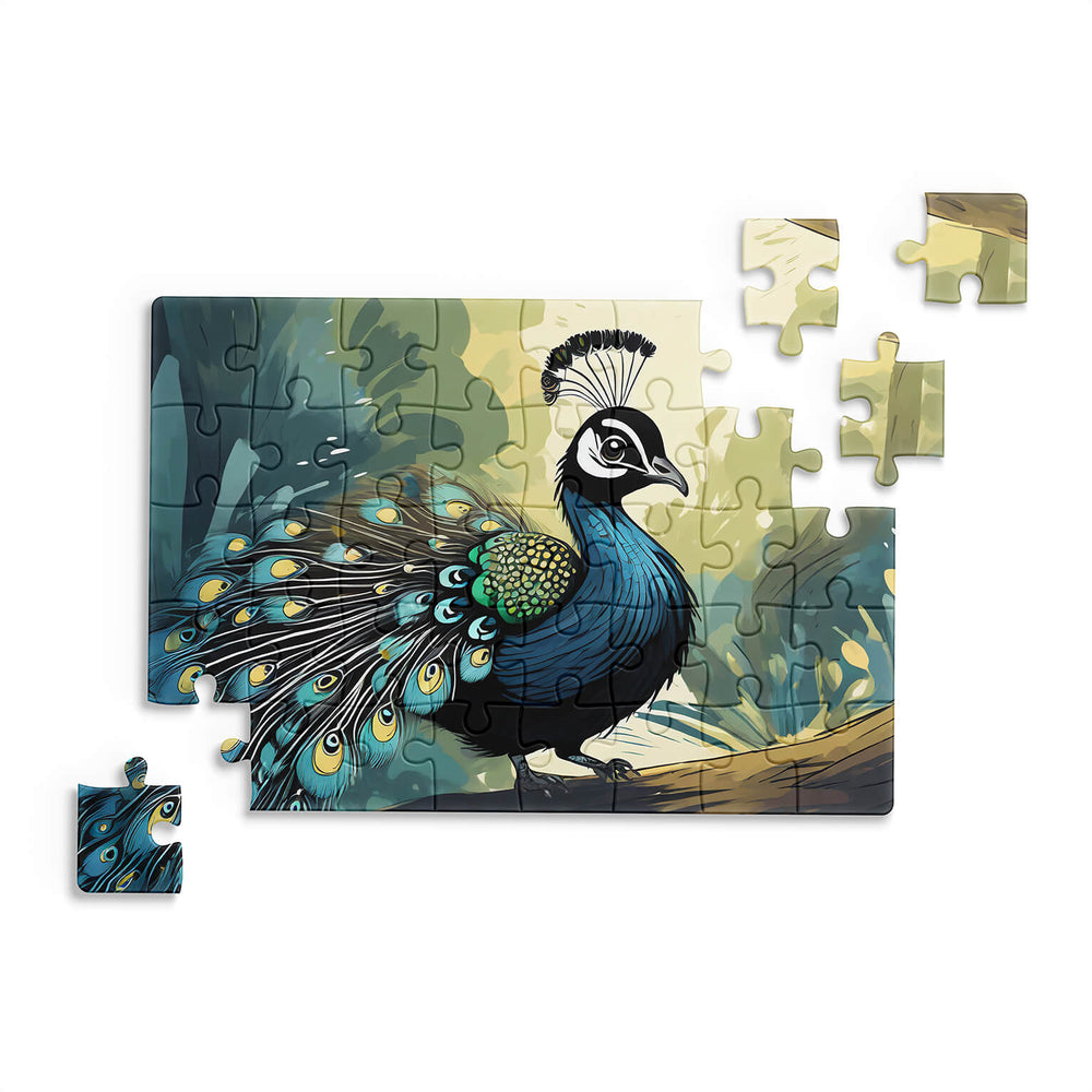 Peacock jigsaw puzzle mockup with assembled puzzle and extra pieces placed beside it on white background by printlagoon.