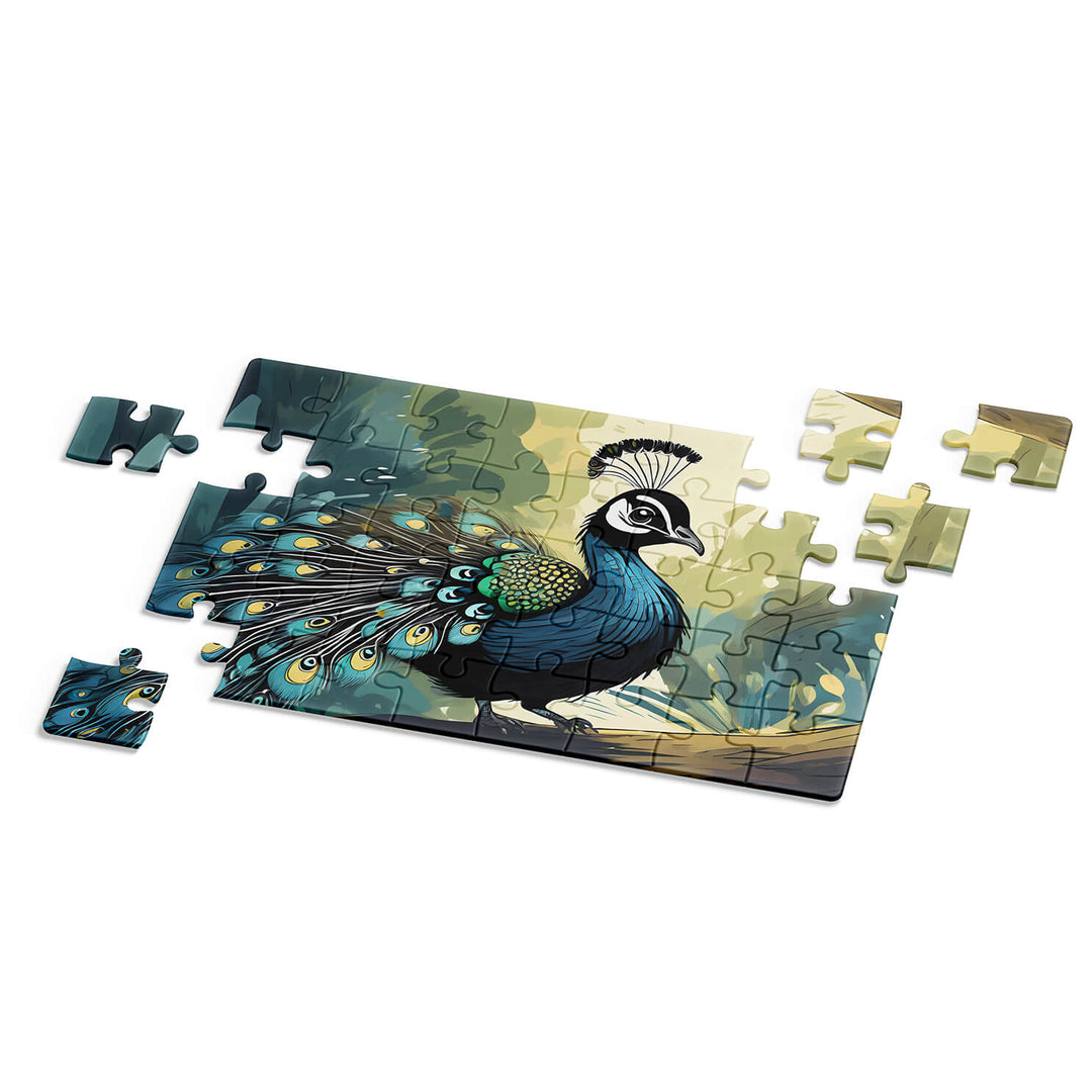 Peacock jigsaw puzzle mockup with assembled puzzle and extra pieces placed beside it on white background by printlagoon.
