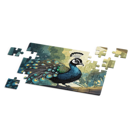 Peacock jigsaw puzzle mockup with assembled puzzle and extra pieces placed beside it on white background by printlagoon.