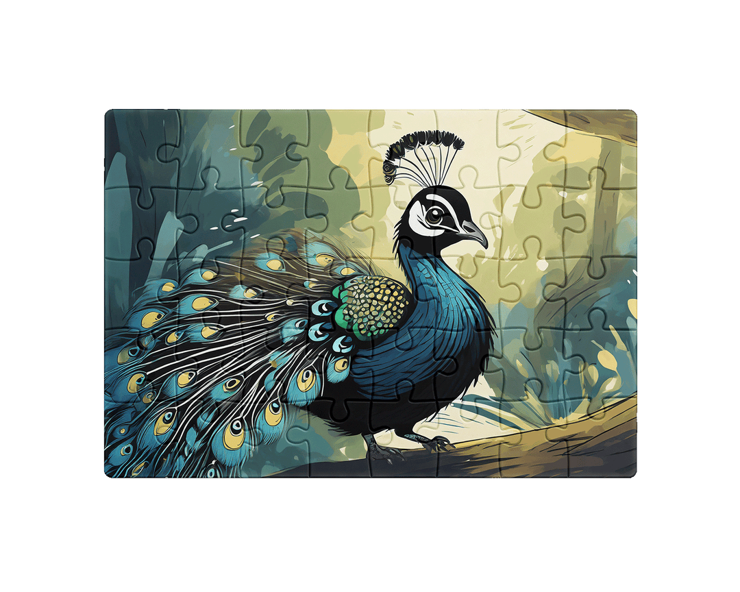 Completed peacock illustration jigsaw puzzle displayed on dark background with visible puzzle piece lines by printlagoon.