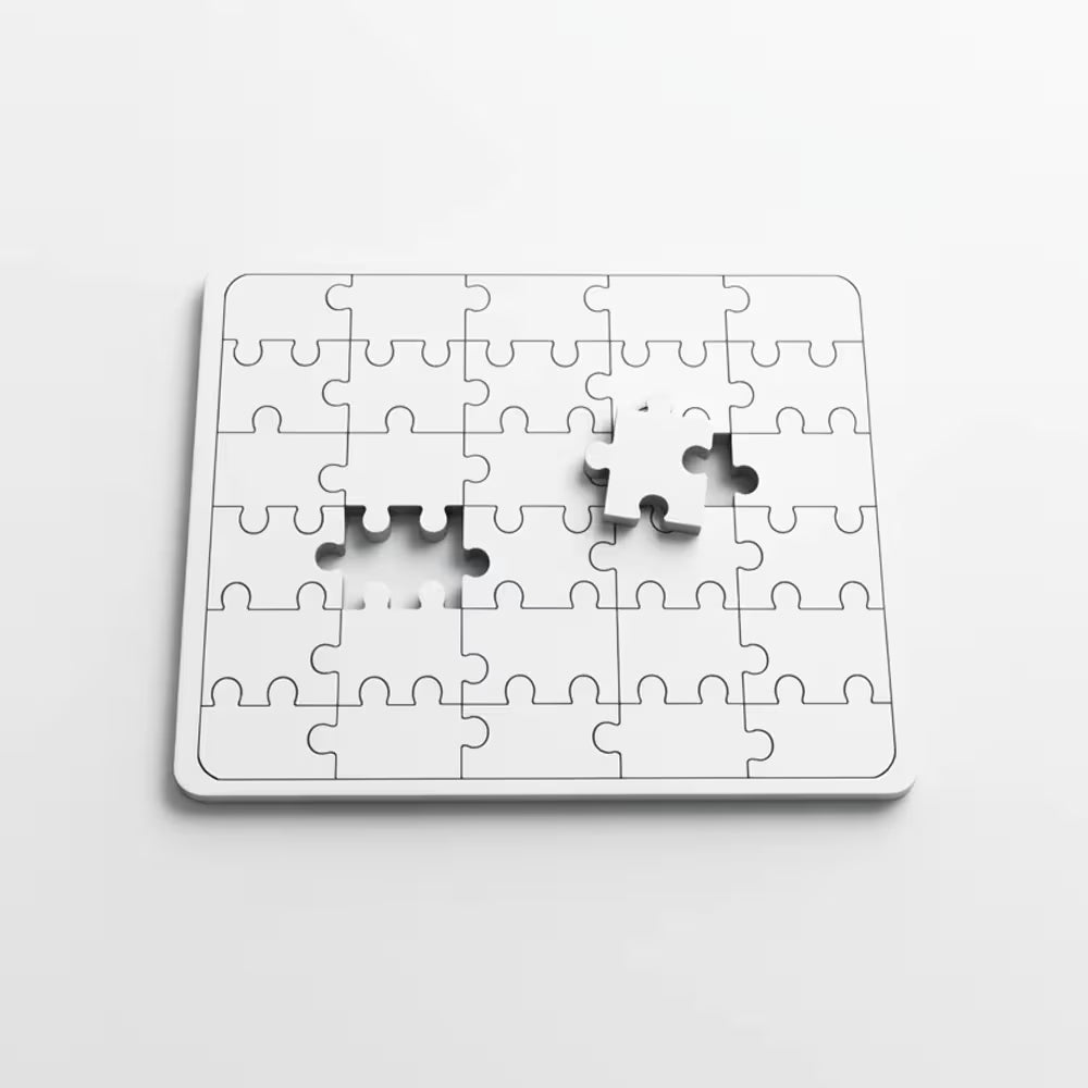 White puzzle with missing pieces on a light gray background