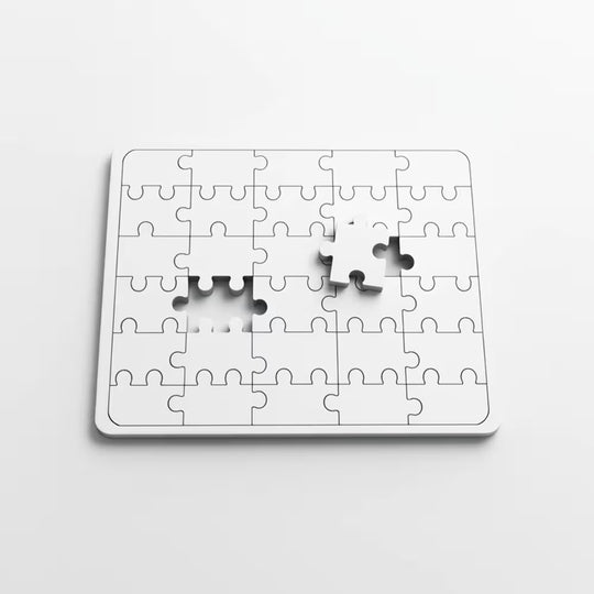 White puzzle with missing pieces on a light gray background