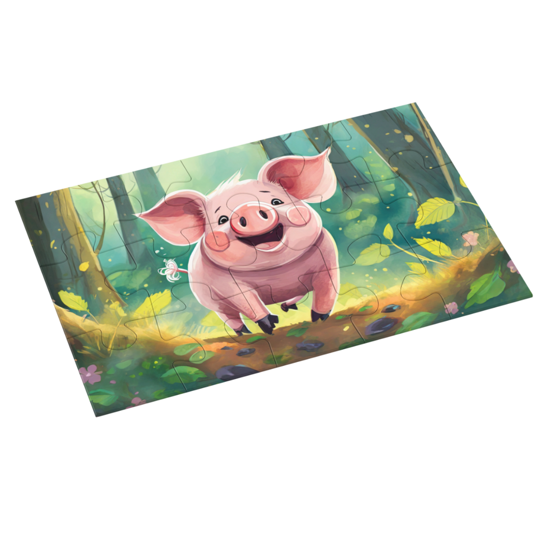 Cute cartoon baby pig in forest jigsaw puzzle, colorful woodland animal puzzle for kids and family fun. by printlagoon