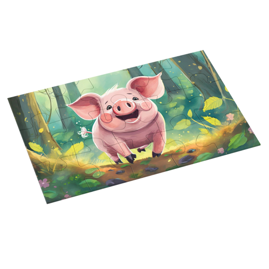 Cute cartoon baby pig in forest jigsaw puzzle, colorful woodland animal puzzle for kids and family fun. by printlagoon