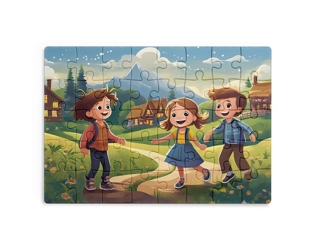 Cartoon children jigsaw puzzle with three happy kids playing on a winding path through a magical mountain village