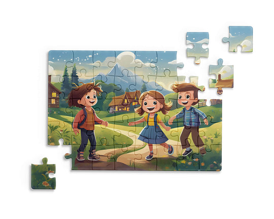 Cute kids friendship jigsaw puzzle featuring cheerful cartoon boys and girl dancing in a green countryside landscape