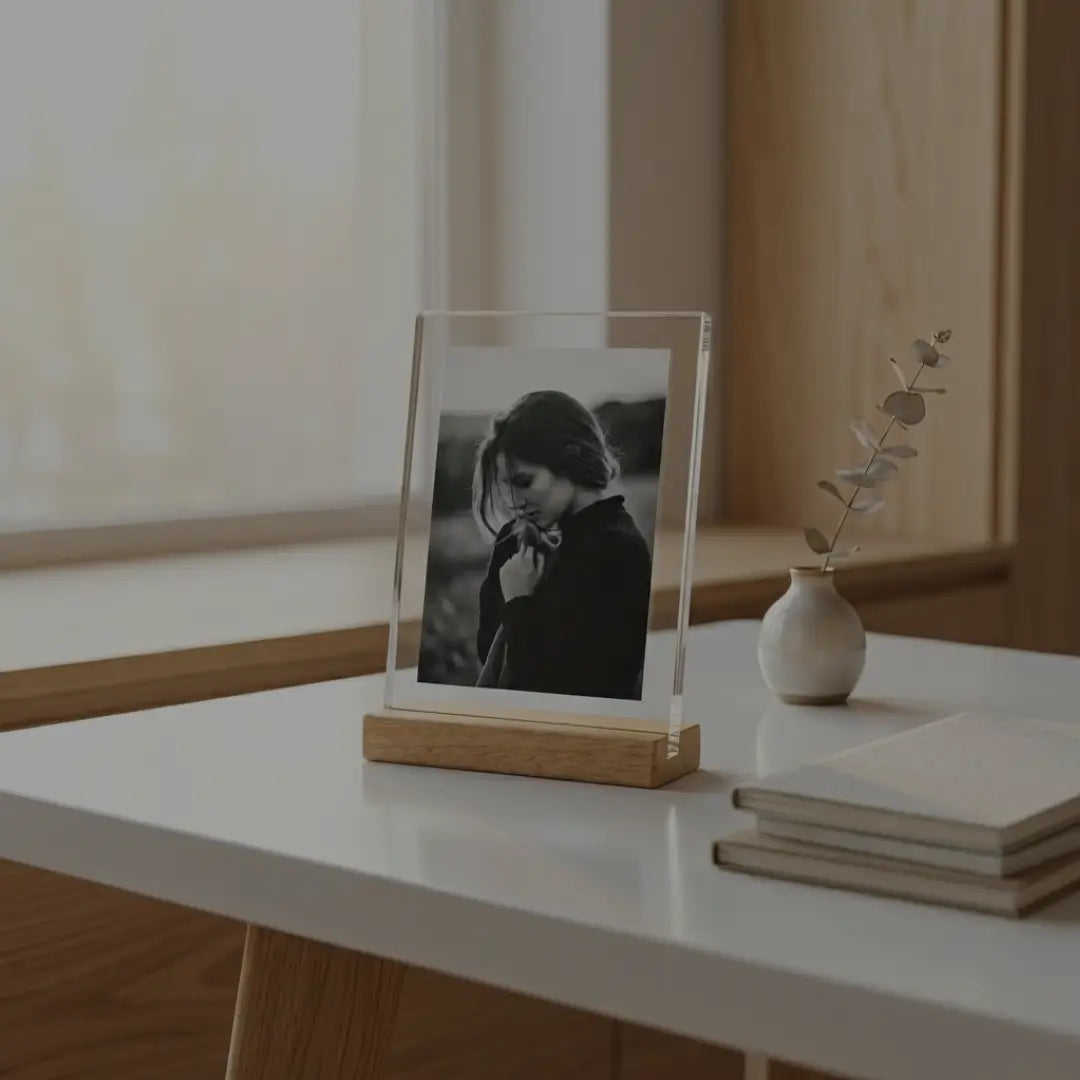 Personalised acrylic photo frame with wooden stand displayed on a modern tabletop in a cozy living room by printlagoon.