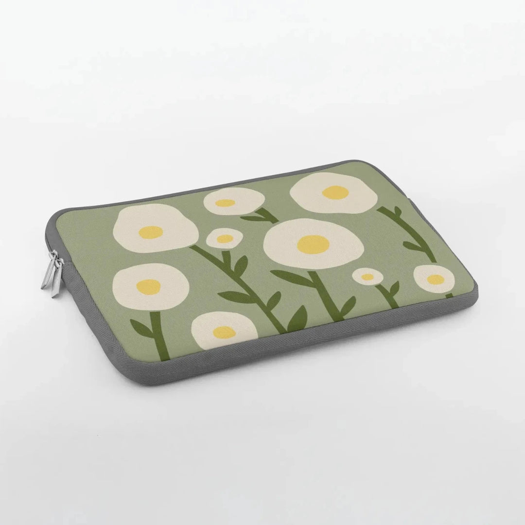 Sage green floral print laptop sleeve with grey trim and zip