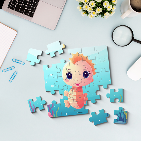 Children's puzzle with a cartoon character on a desk with a laptop and coffee cup.
