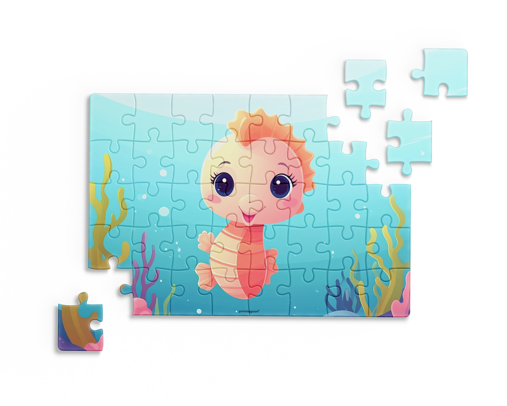 Children's puzzle with a cartoon seahorse character on a blue background