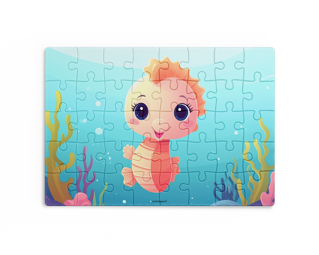 Children's puzzle with a cartoon seahorse character on a blue underwater background