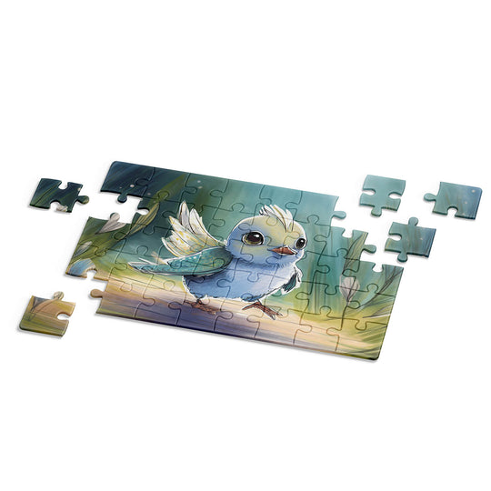 Completed tiny bird illustration jigsaw puzzle displayed on dark background with visible puzzle pieces lines by printlagoon.
