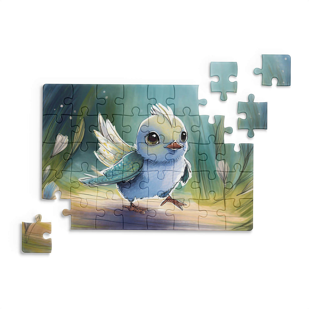 Tiny bird jigsaw puzzle with partially assembled puzzle and loose pieces on white background by printlagoon.