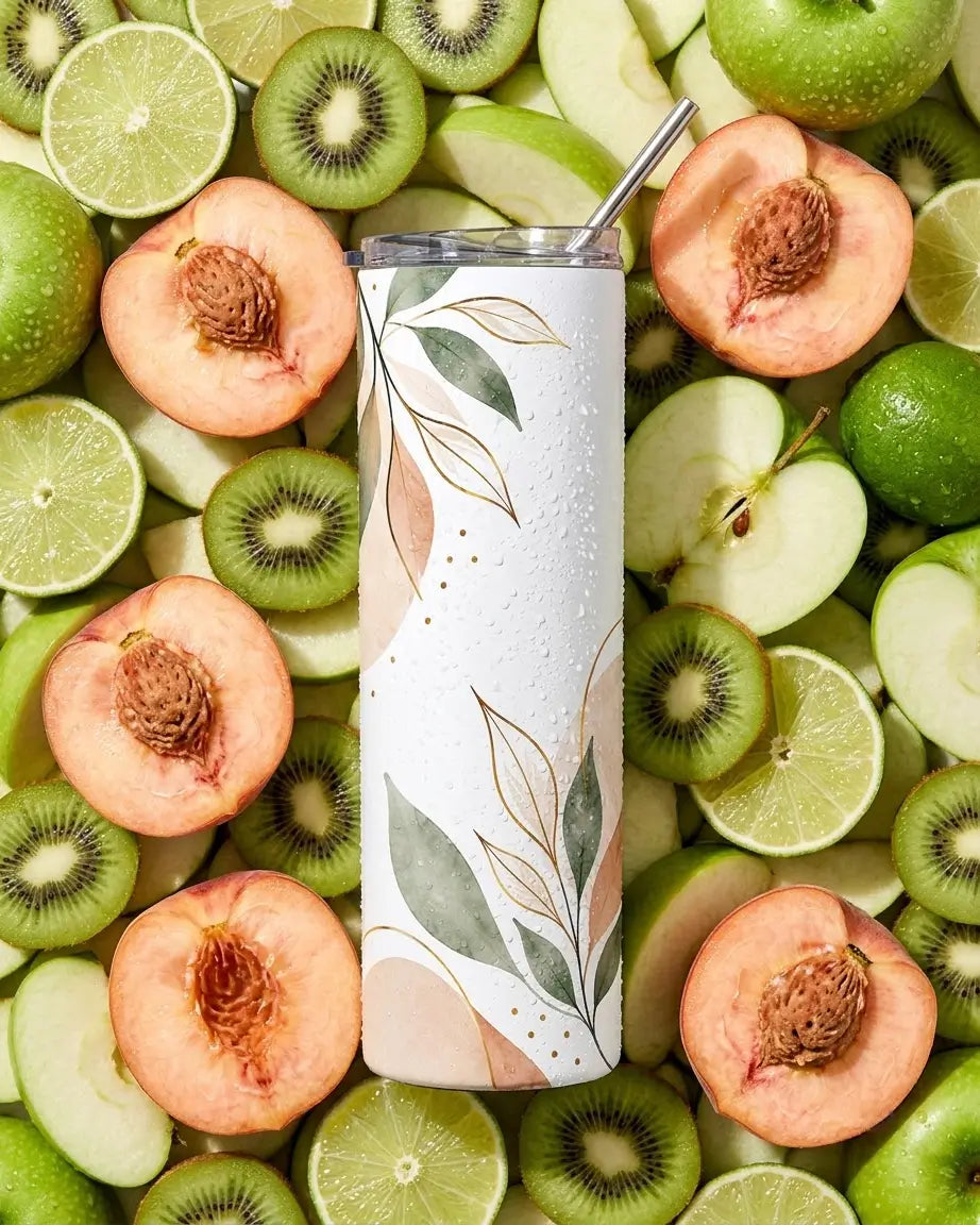 White skinny tumbler with clear lid and metal straw, printed with sage-green and blush-peach watercolor leaves and gold line accents, standing among sliced peaches, green apples, kiwis and limes with water droplets on the surface.