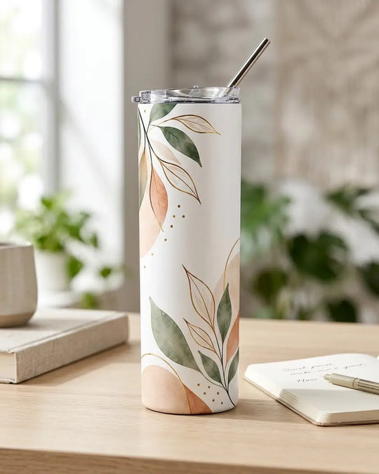 White skinny tumbler with clear lid and metal straw, printed with sage-green and blush-peach watercolor leaves and gold line accents, standing on a light wood desk beside an open notebook with a pen, a linen-covered book and green plants in soft window light.