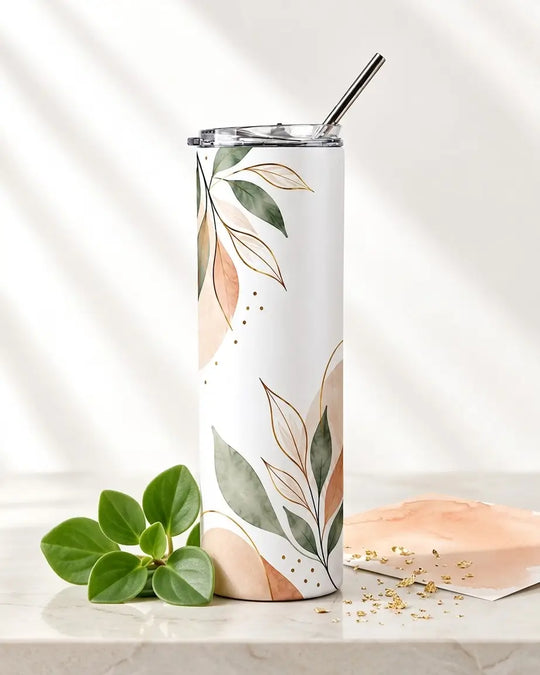 White skinny tumbler with clear lid and metal straw, printed with sage-green and blush-peach watercolor leaves and gold line accents, on a marble surface beside a green plant sprig and a peach watercolor card scattered with gold flakes, in bright soft light.