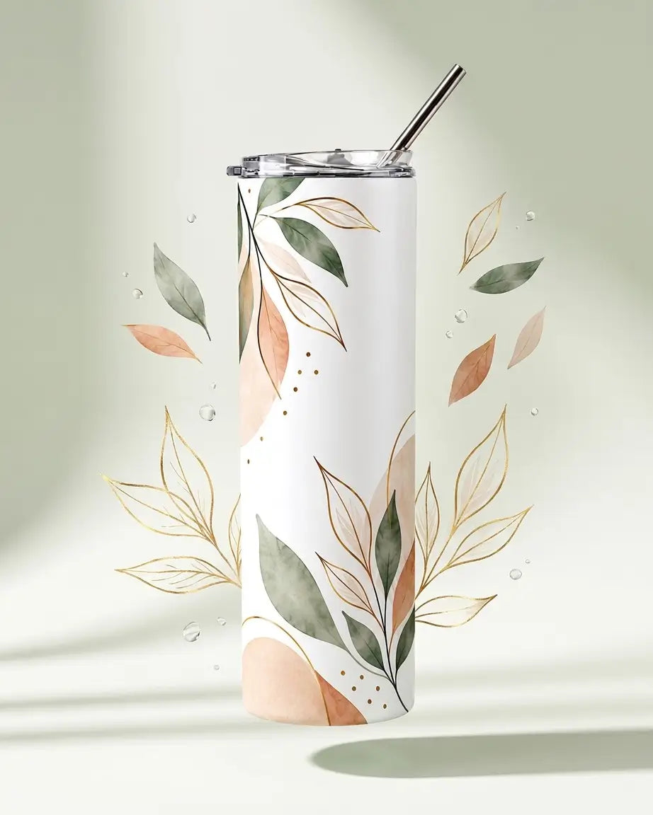 White skinny tumbler with a clear lid and metal straw, decorated with watercolor sage-green and blush-peach leaves, gold line-art foliage and small gold dots, floating against a soft sage background with leaves and water droplets around it. personalised by printlagoon