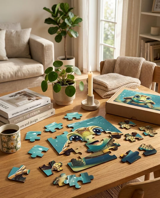 Puzzle with a turtle design on a wooden table in a living room setting.