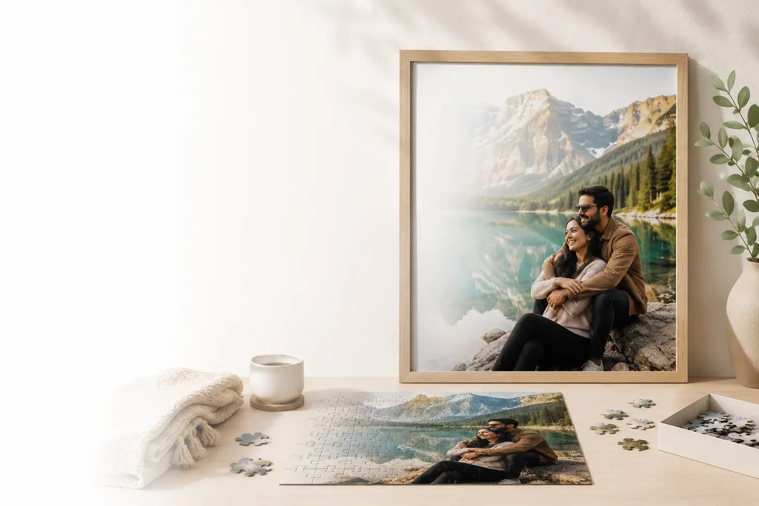 Framed photograph of a couple by a mountain lake on a table with a matching puzzle.