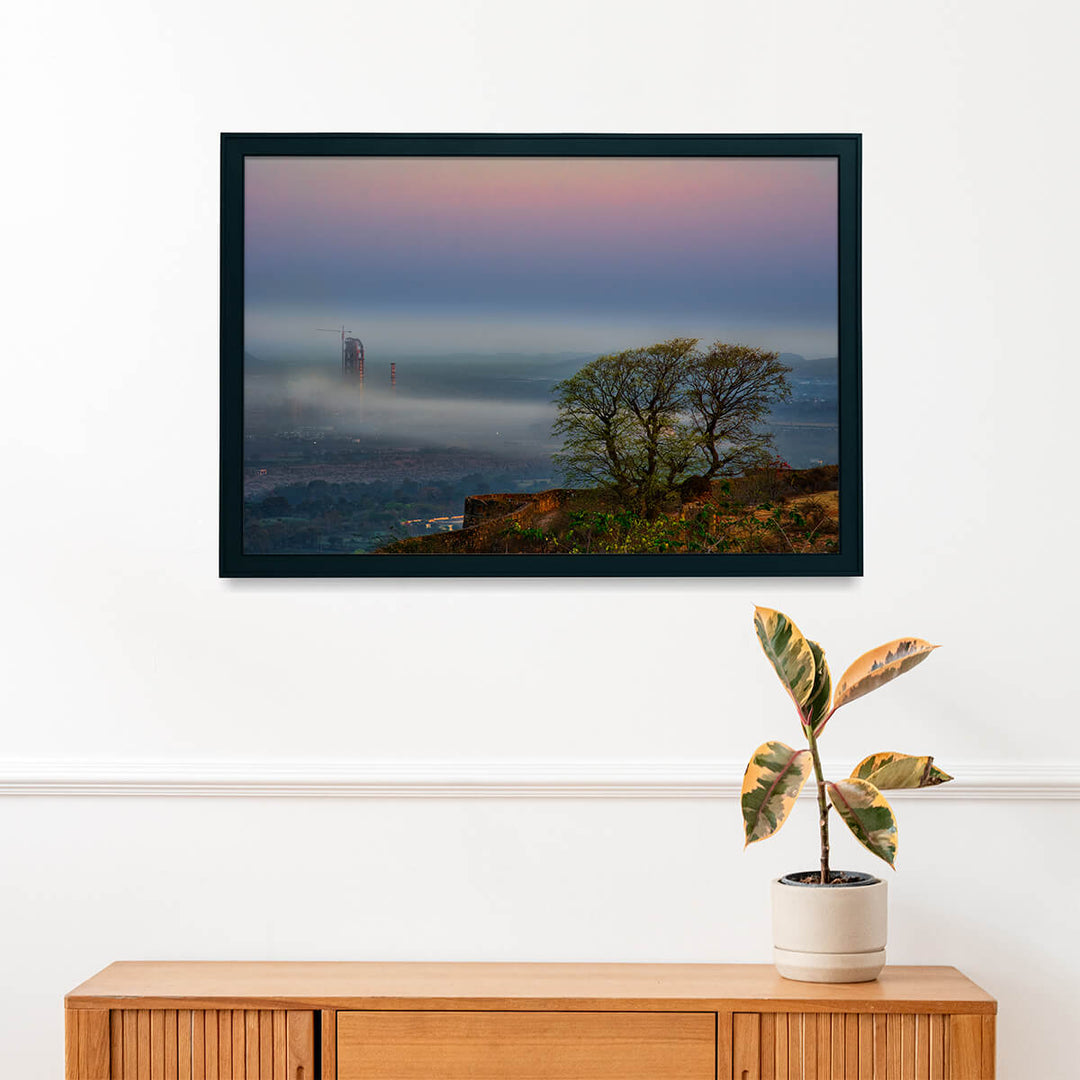 Serene beauty of fog and industry print