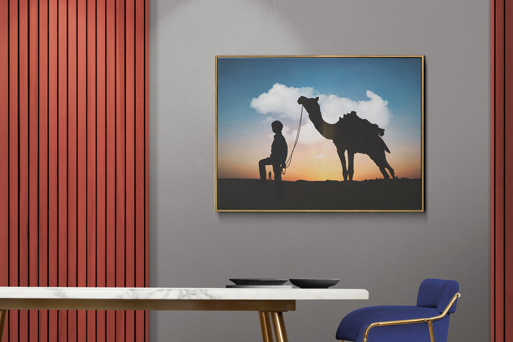 Silhouette of Camel and Boy