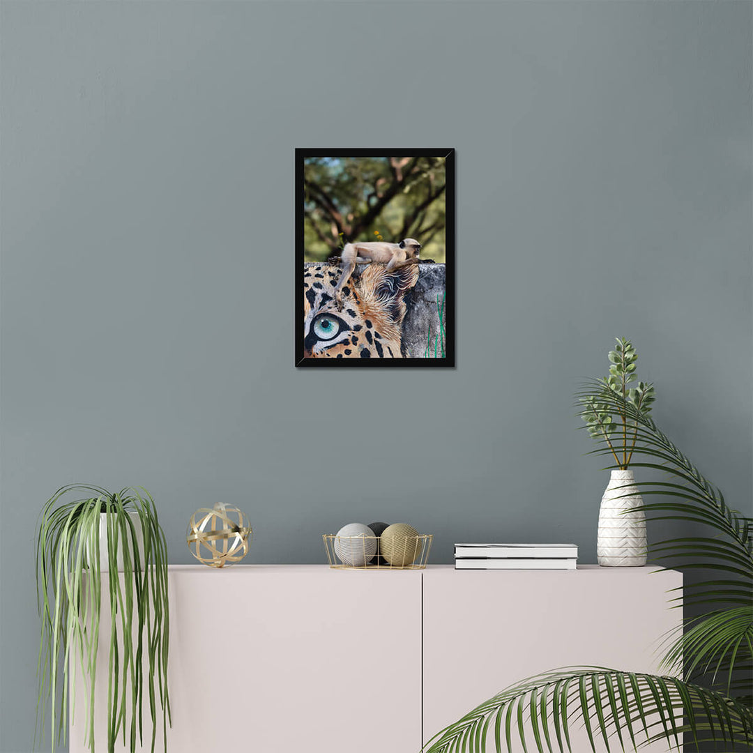 A Monkey on Leopard painted wall Poster